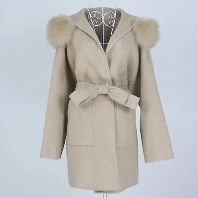 Loose Cashmere Wool Blends Real Fur Coat Jacket Women Fur Collar Hood Belt • $268.29