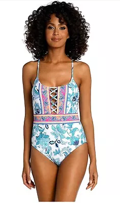 $130 La Blanca Women's White Blue Floral Santorini One Piece Swimsuit Size 10 • $35.99