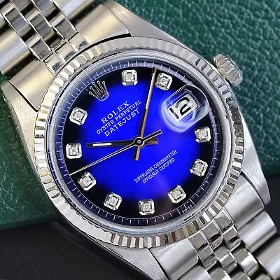 Rolex Mens Datejust Gold & Steel Blue Diamond Dial Fluted Bezel 36mm Watch 1601 • $3995