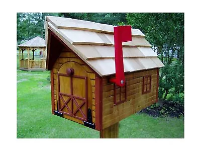 Rural Mailbox W Flag Wood Roof Log Cabin Red Trim Amish Handmade Handcrafted • $206.23