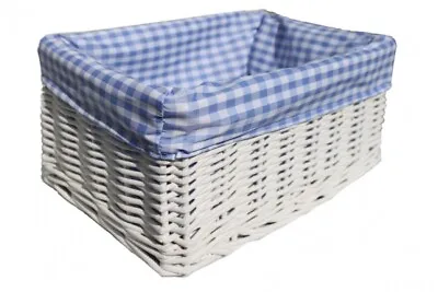 £13.99 • Buy White Wicker Basket & BLUE GINGHAM Liner - Nursery Storage Baby Gift Hamper 24cm