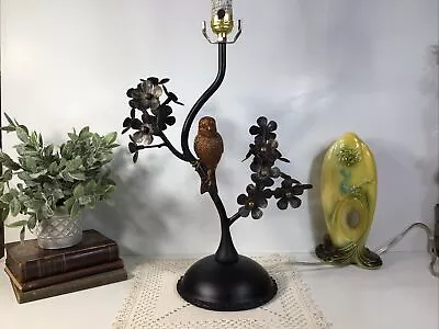 Metal Tabletop Lamp~Sculpted Bird In Dogwood Tree ~Black Bronze Flowers UNIQUE  • $159