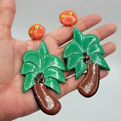 Vtg Huge Earrings Palm Tree Dangle Statement Unique Vaca Beach Party Fun Jewelry • $39.99