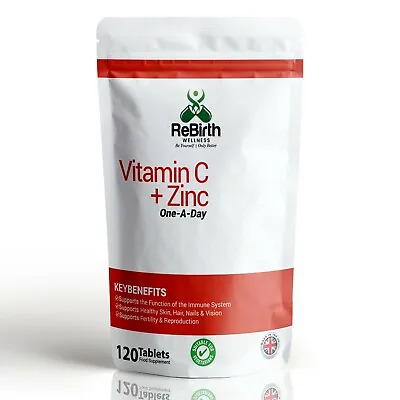 Vitamin C + Zinc - 120 Tablets - Immune System Support High Strength - Vegan UK • £4.49