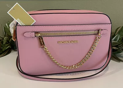 Michael Kors Jet Set Large Zip Chain Crossbody Bag Tote Pink Carnation Leather • $87.99