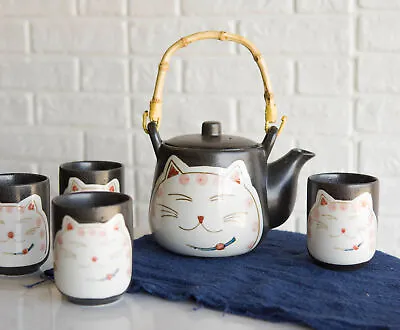 Japanese Maneki Neko Lucky Cat Ceramic Charcoal Black 20oz Tea Pot & 4 Cups Set • $36.99