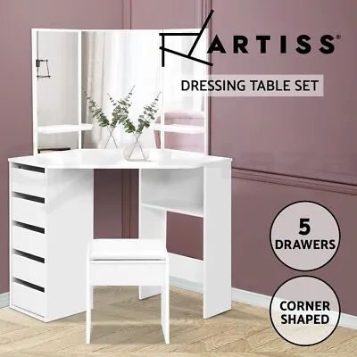 $179.95 • Buy Artiss Corner Dressing Table With Mirror Stool Set Girl Makeup Vanity Desk White