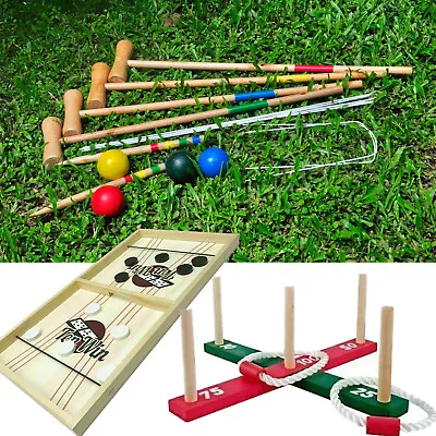 Garden Outdoor Wooden Quoits Pegs & Rope Hoopla Limbo Croquet Family Kids Games • £13.95