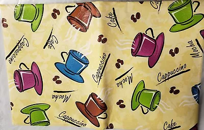 Flannel Back Vinyl Tablecloth 52  X 104  COLORFUL COFFEE CUPS On YELLOW By AP • $17.99