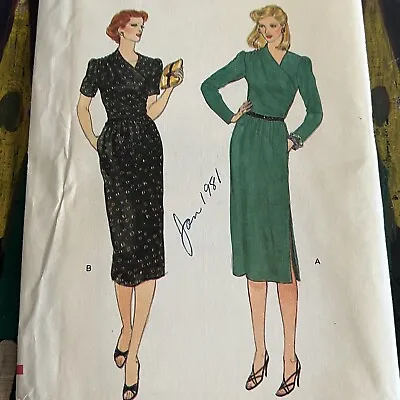 Vintage 1980s Vogue 7404 V-Neck Wrap Front Slim Dress Sewing Pattern 12 34 UNCUT • $10