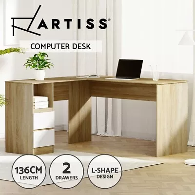 Artiss Computer Desk Drawer Cabinet L-Shape Home Office Study Table Oak 136CM • $169.95