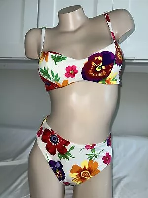 Vintage Illusions Cole CA 2 Piece Swimsuit Size 8 B/C Cup White Floral Print USA • $24.99