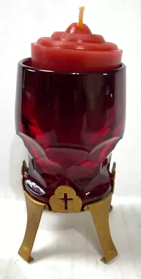 Vintage Catholic Religious Metal Religious Candle Red Ruby Glass Holder Cross • $29.95