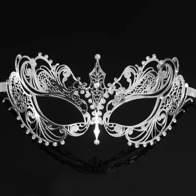 Venetian Silver Metal Mask Clear Diamante Filigree Masquerade Ball Prom UK Laser • £9.99