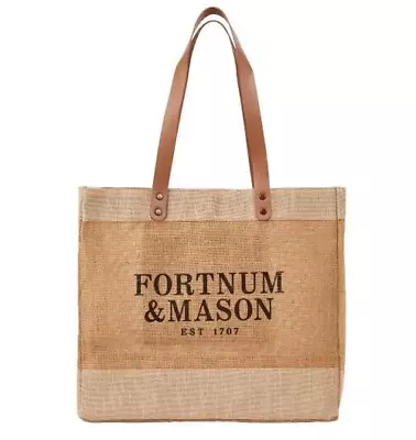 Fortnum Mason Jute Tote W/ Pockets & Leather Handles- XL NWT • $69