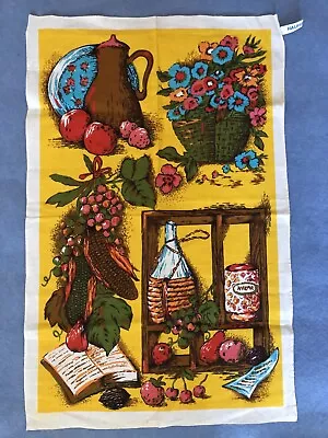 Vintage Ross Halbleinen German Linen Kitchen Tea Towel Flowers Basket Bottle  • $5