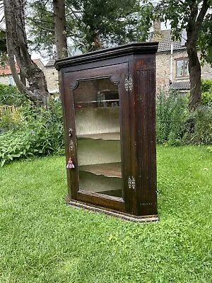 Antique Georgian Oak Single Door Hanging Glazed Corner Cabinet - Cupboard • £120