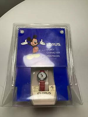 Vtg Lorus Disney Mickey Mouse Watch Silver Tone Red Band New In Box • $29.99