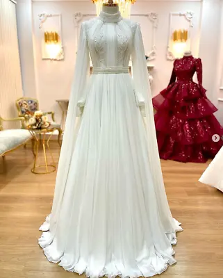 White Ivory Muslim Wedding Dresses High Neck Long Sleeves Beaded Bridal Gowns • $137.23