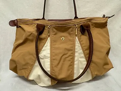 Auth Longchamp Lepliage Expandable Tote Zippers Nylon Leather France Tan Cream • $70