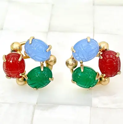 $5.99 • Buy Carved Scarab Beatle Screwback Earrings Gold Tone The Vintage Strand Lot #4404