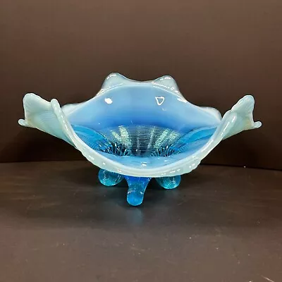 NORTHWOOD Blue Opalescent KLONDYKE Scroll Footed DISH Jackson EAPG • $42