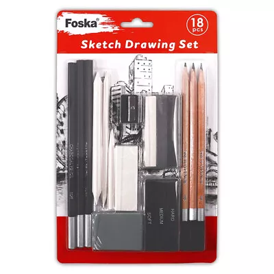 Pack Of 18 Sketch Drawing Set - Charcoal Pen Sticks Pencils Kneadable Eraser • £9.99