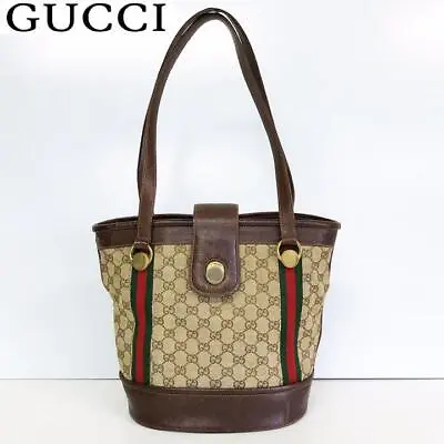 GUCCI Tote Bag Shoulder Bag Vintage Sherry Line GG Canvas Leather Supreme Brown • $351.99