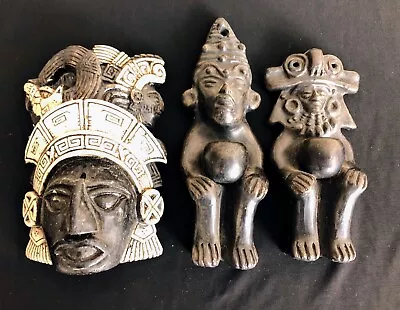 3 Vintage Mayan Aztec Ceremonial Vessel Figurines & Face Wall Art • $49.95