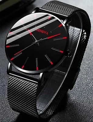 Mens Watch.. Ultra Thin Black & Red Business Watch With Mesh Strap Quartz UK • £7.99