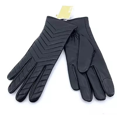 Michael Kors Black Leather Gloves Sz M Touch Screen Lined Logo Chevron NWT • $49.99