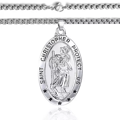 Mens Womens 20  24  30  Silver Chain Oval St Saint Christopher Pendant Necklace • $28.95