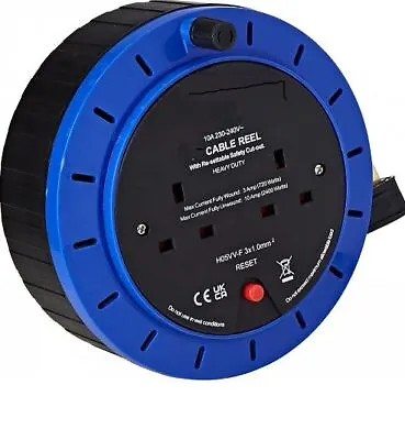 2 4 Way UK 13amp Extension Reel With 10M Cable And Safety Cut Out Switch-Blue • £19.49