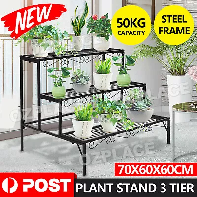 $53.95 • Buy 3 Tier Levede Plant Stand Rectangle Metal Flower Pot Planter Corner Shelf Black