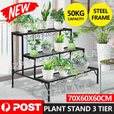 $53.95 • Buy 3 Tier Levede Plant Stand Rectangle Metal Flower Pot Planter Corner Shelf Black