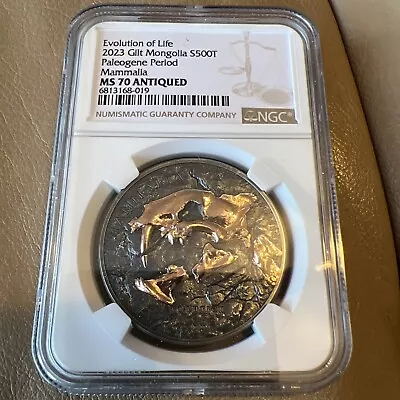 2023 Mongolia Evolution Of Life-Paleogene  1 Oz. Silver  MS70 Antiqued Mammalia • $209