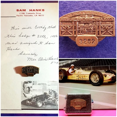 $199 • Buy 1956 Indy 500 BRONZE #3282 Pit Badge - SAM HANKS Personal Pin! W/COA, 8x10 Photo