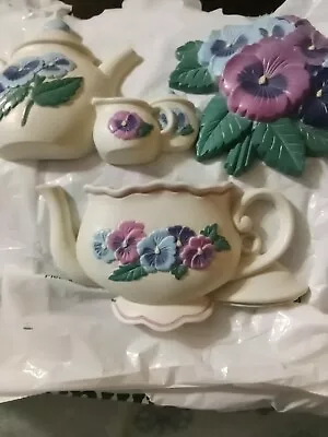 Burwood Wall Decor Pansy Teapot Sugar Cream Coffee X3 Set Home Interiors 4” VTG • $12