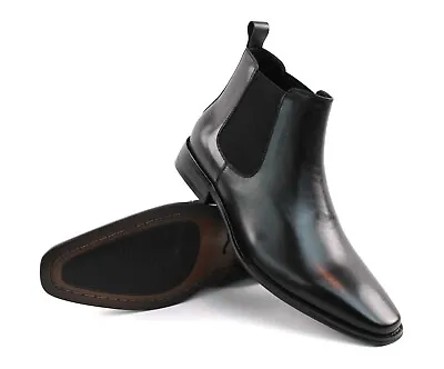 Genuine Leather Black Mens Dress Chelsea Boots Almond Toe Leather Lining AZAR • $69