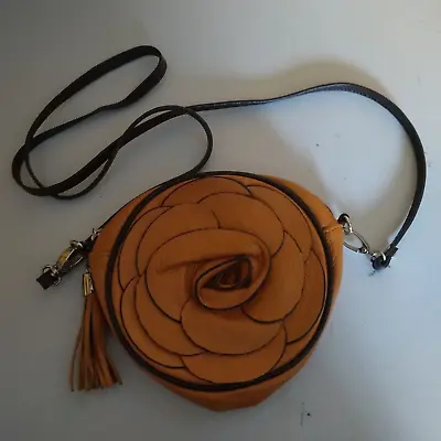 Vera Pelle Brown Leather Crossbody 3D Floral With Tassel • $19.99