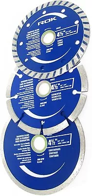 ROK 4-1/2  Diamond Blade Set Of 3 Fits Angle Grinders 7/8  Or 5/8  Arbor • $18.99