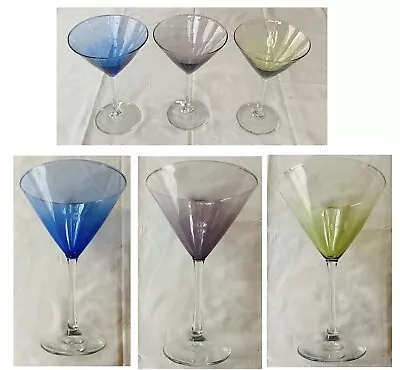 VINTAGE Martini Glasses 8oz. BLOWN GREEN PURPLE BLUE Glass Clear Stem 3-PcSet • $28.88