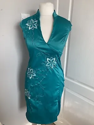 £24.99 • Buy JANE NORMAN SIZE 12 14? GREEN CHINESE STYLE FLOWER SATIN MIDI WIGGLE DRESS Y2k