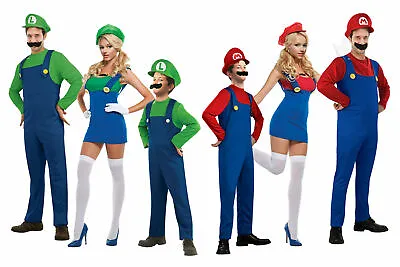 Ladies Mens Luigi Mario Bros Fancy Dress Super Plumber Bros Costume Outfit • £6.99