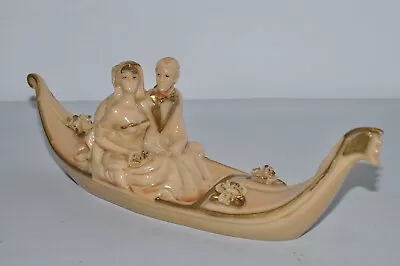Bride & Groom In A Gondola Boat Figurine Sculpture Cream Color With Gold Accent • $49.99