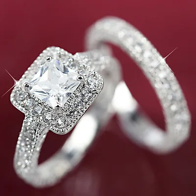 $21.99 • Buy 18k White Gold Gf Square Anniversary Wedding Diamond Women Solid Bridal Ring Set