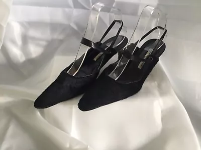 MANOLO BLAHNIK Black Leather Pony Hair Calf Pointed-Toe Heels Slingbacks 39.5 • £29