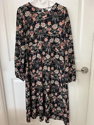 Esley Womens Long Sleeve Midi Dress L Black Floral Empire Waist Keyhole Back Zip • $14.40