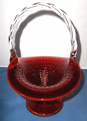 Vintage Cranberry Red Diamond Glass Bridal Basket 9.5  Tall • $21.22