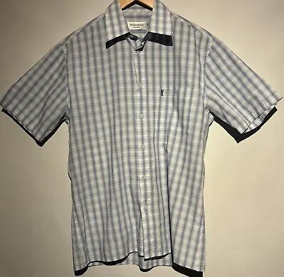 Yves Saint Laurent YSL Mens Short Sleeve Blue/White Shirt - Size Medium • £14.98